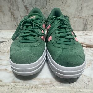 Adidas Women's Sneakers in Green with Pink Stripes